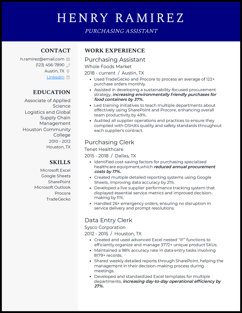 3 Purchasing Manager Resume Examples Working For 2024   Purchasing Assistant Resume Example 