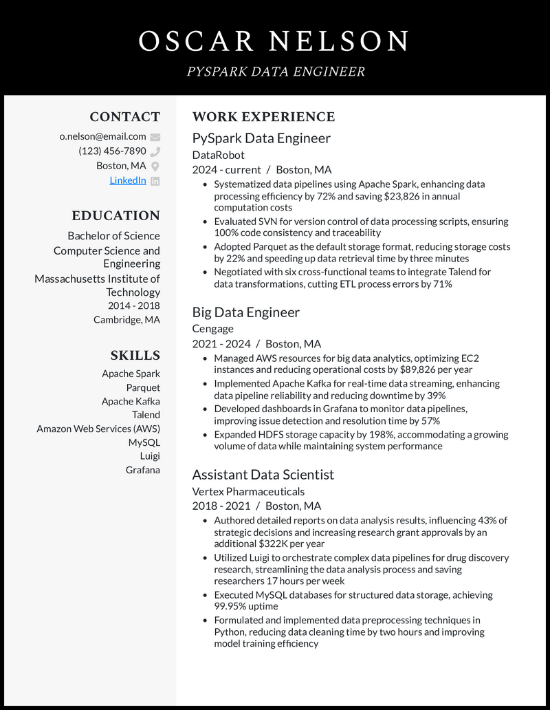 28 Data Engineer Resume Examples That Work In 2025 Pyspark Data Engineer Black Resume Example 