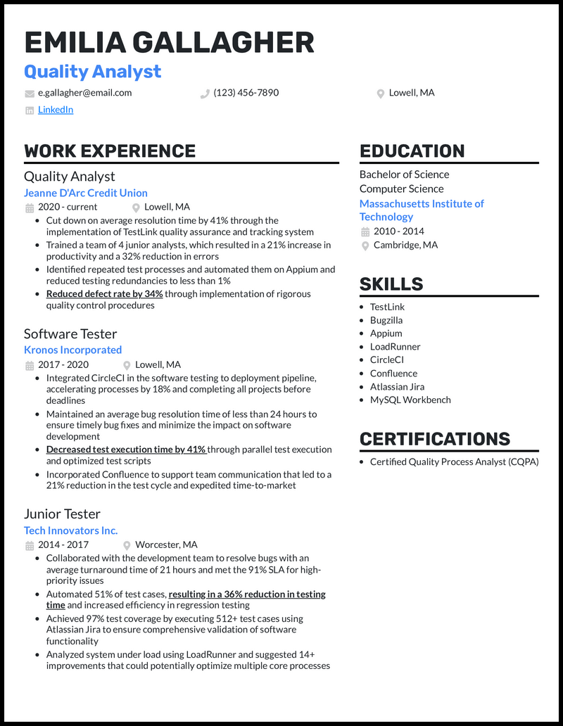 Quality analyst resume example with 9 years of experience