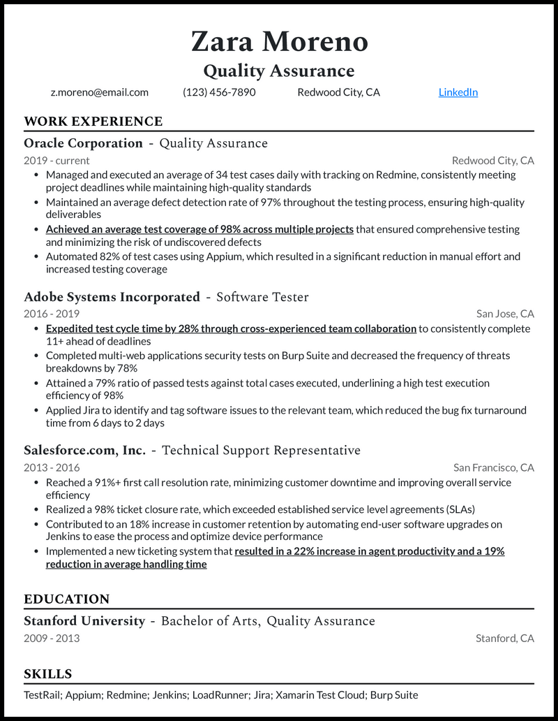 Quality assurance resume example with 10 years of experience