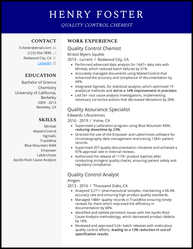 Quality control chemist resume example with 10 years of experience