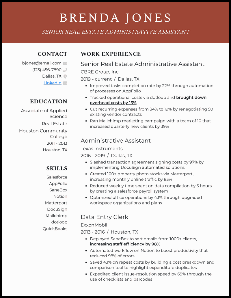 Real estate administrative assistant resume example with 4 years of experience