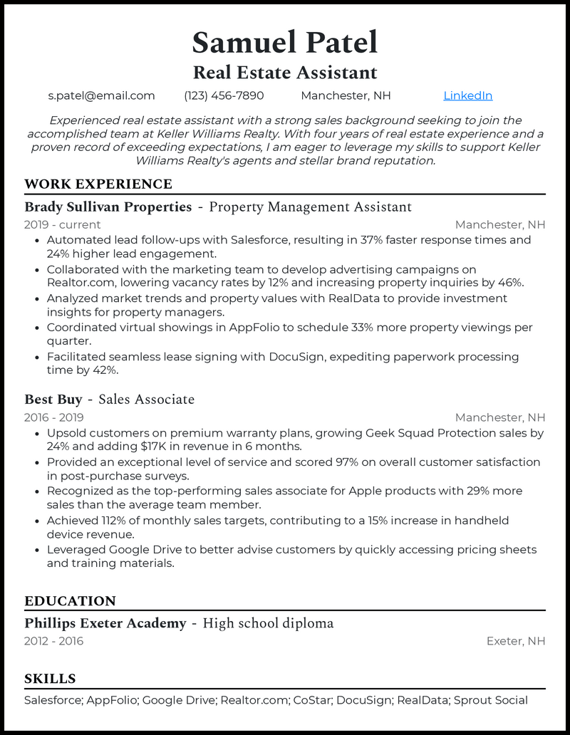 Professional real estate assistant resume example with 4 years experience