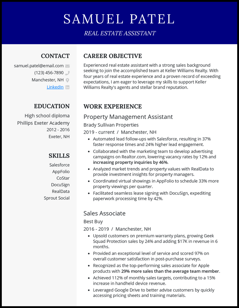 Real estate assistant resume example with 4+ years of experience