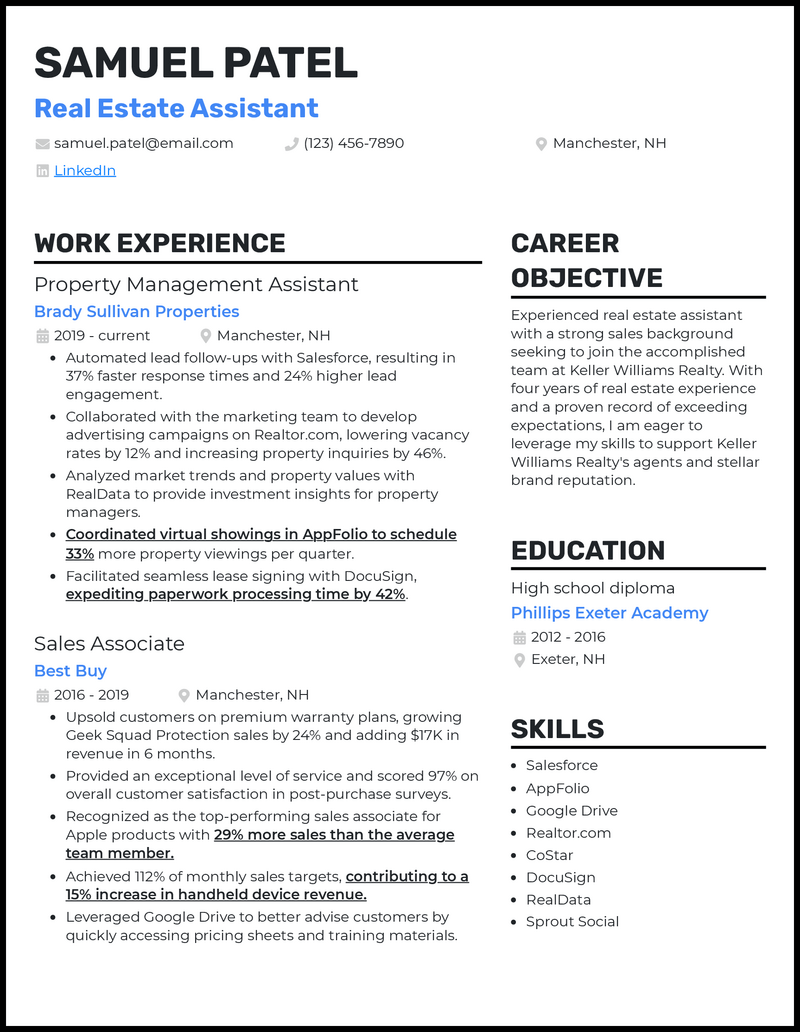 Modern real estate assistant resume example with 4 years experience