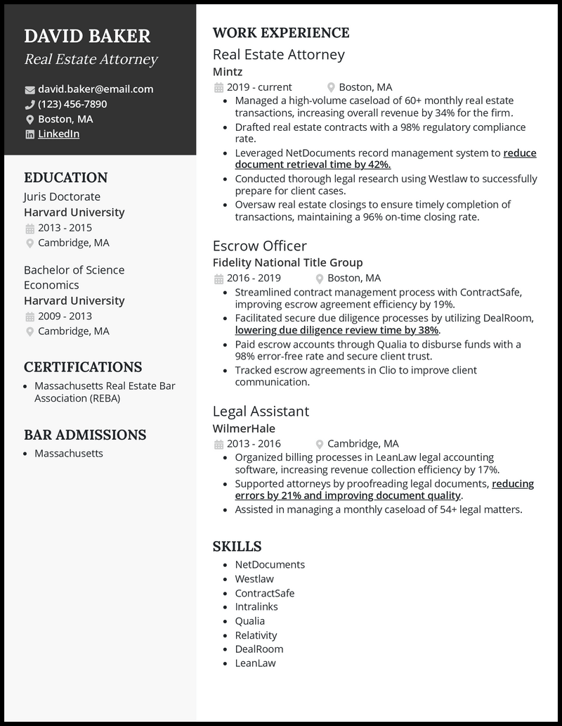 Formal real estate attorney resume example with 8+ years experience