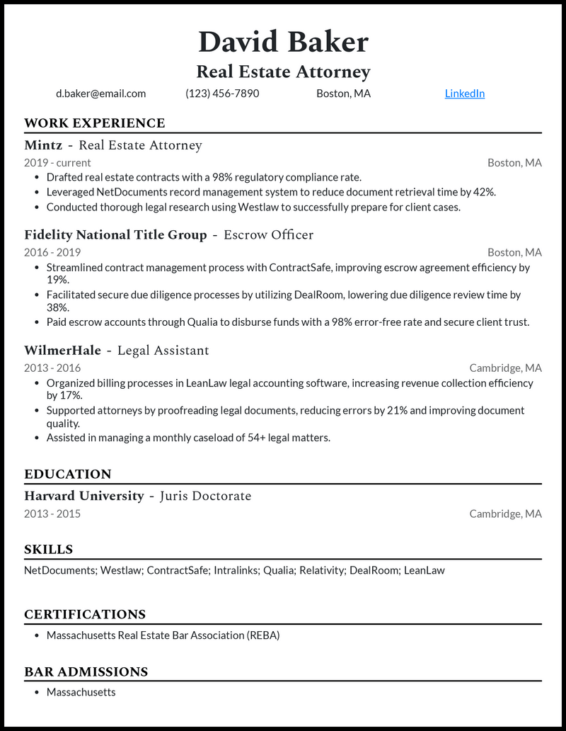 Elegant real estate attorney resume example with 8+ years experience