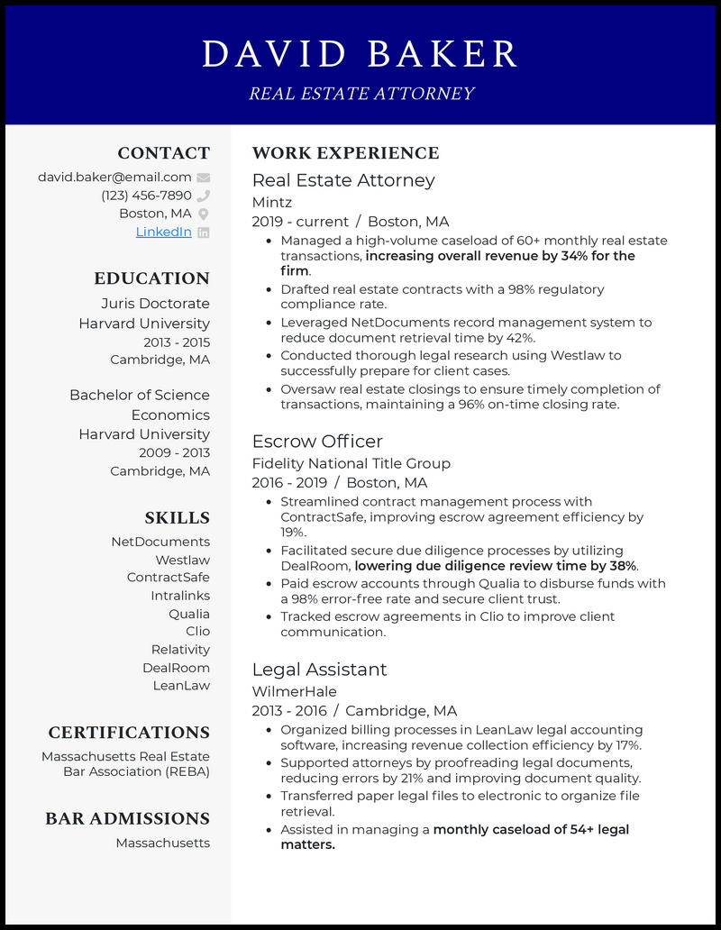 Real estate attorney resume example with 4+ years of experience