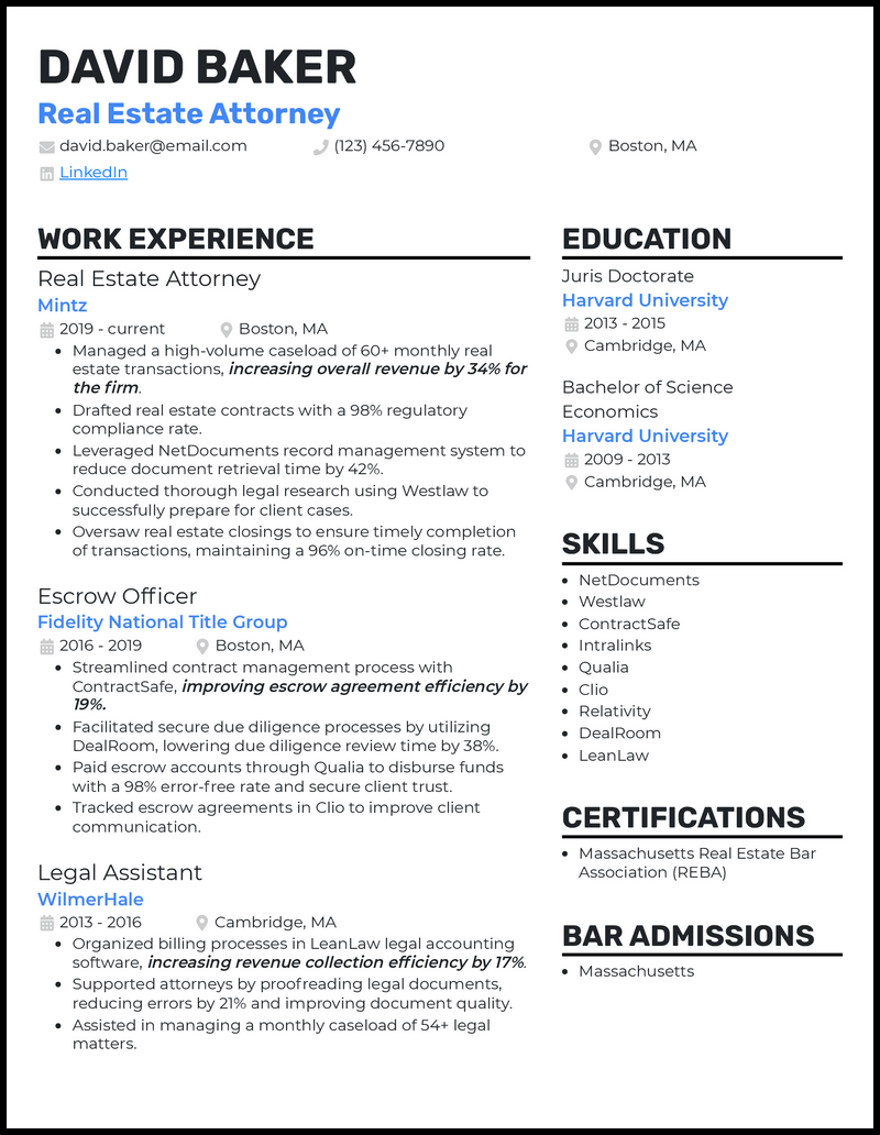 Real estate attorney resume example with 8+ years experience