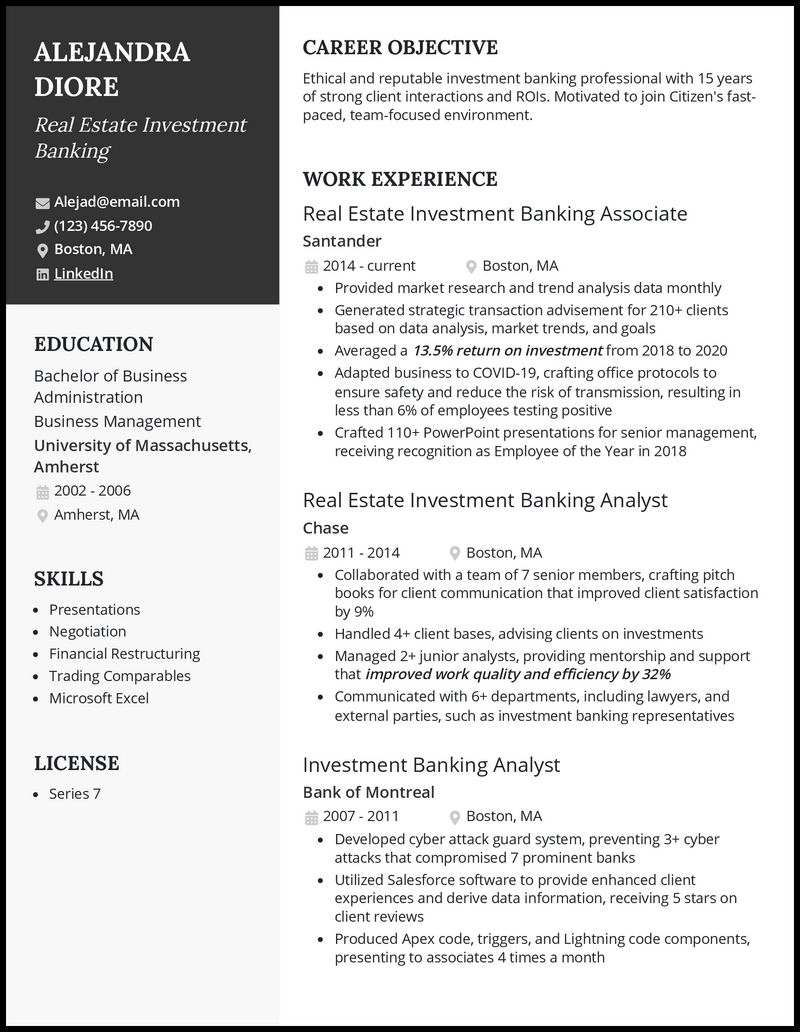 Modern real estate investment banking resume example with 6+ years experience