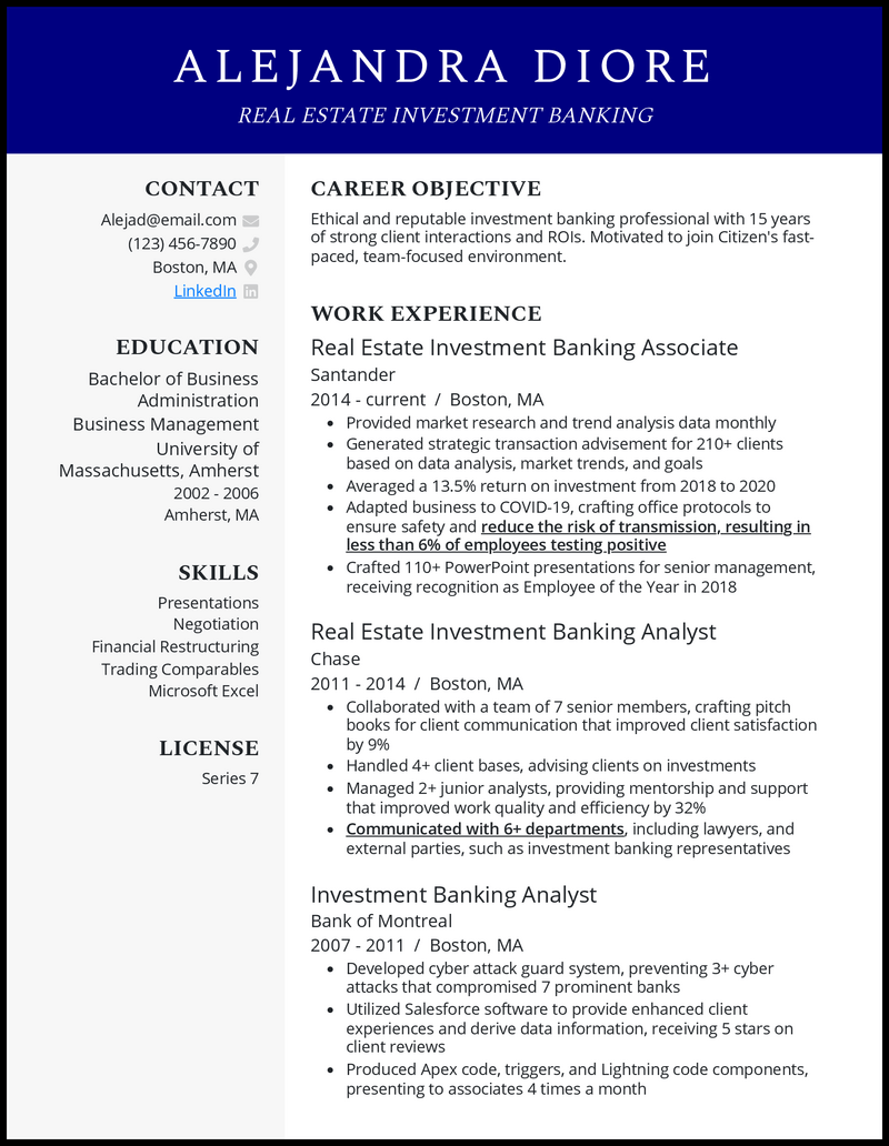 Professional real estate investment banking resume example with 6+ years experience