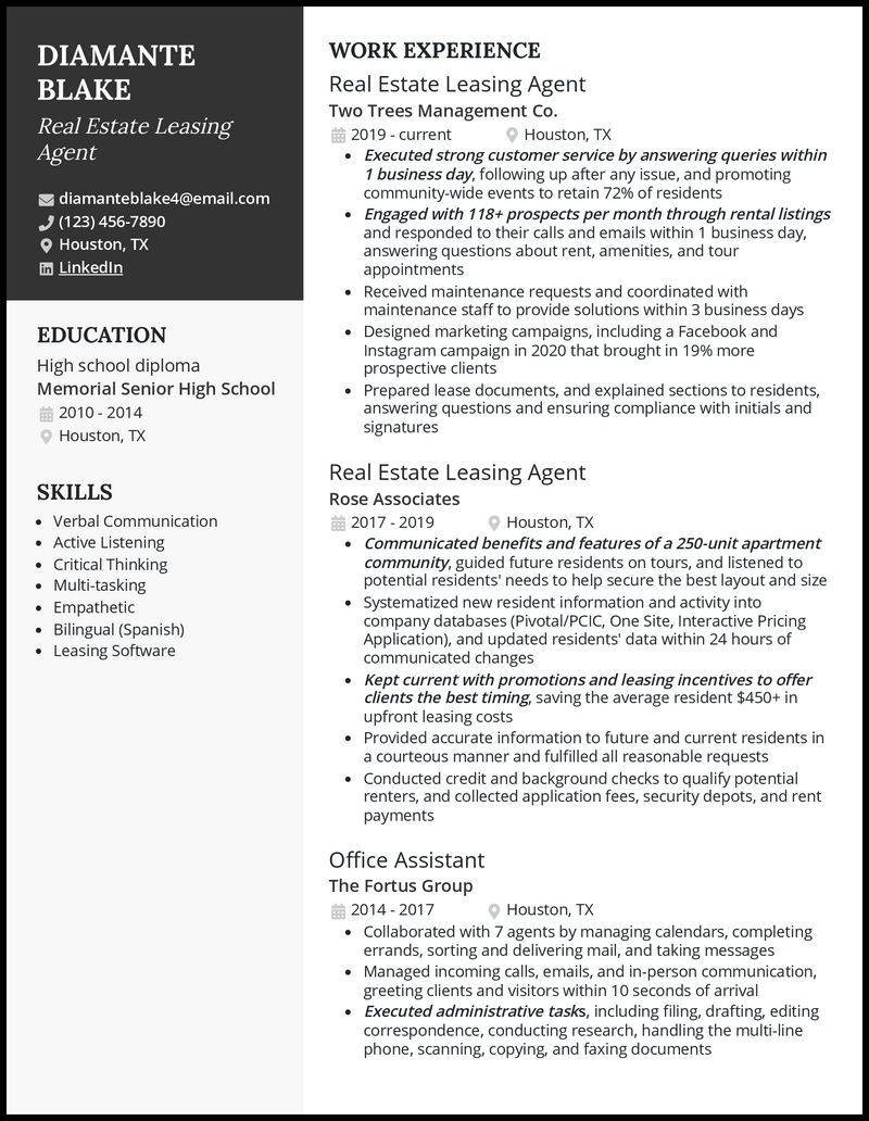 Real estate leasing agent resume example with 10 years of experience