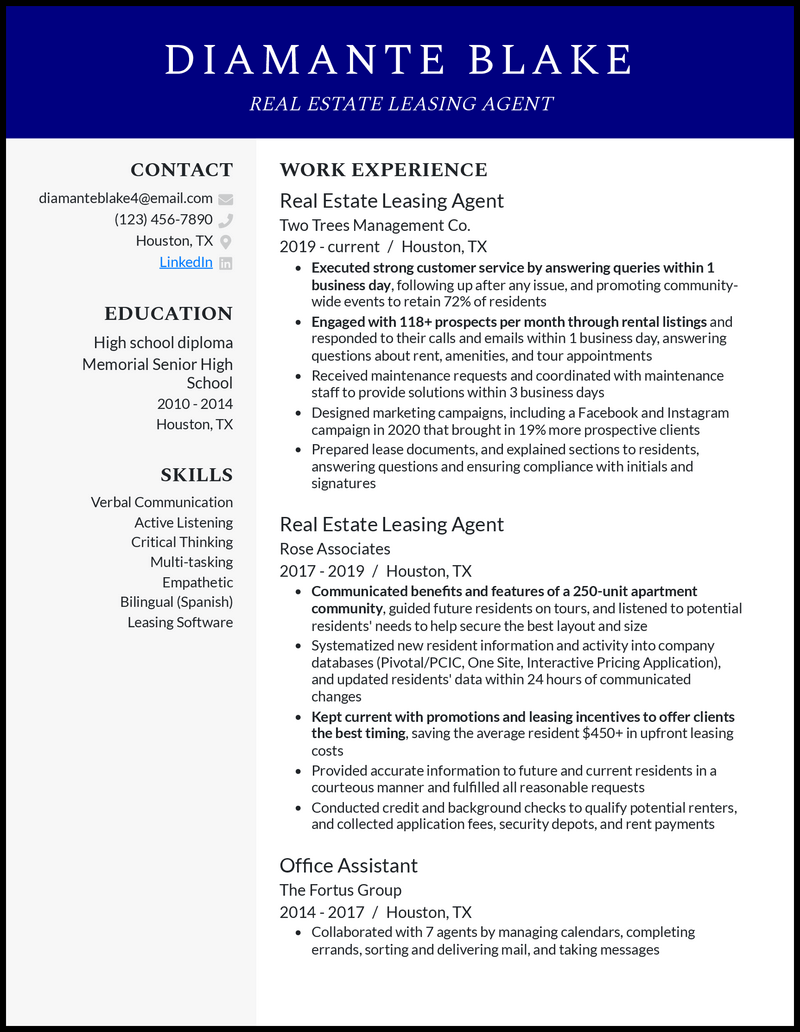 3 Real Estate Leasing Agent Resume Examples For 2024   Real Estate Leasing Agent Official Resume Example 