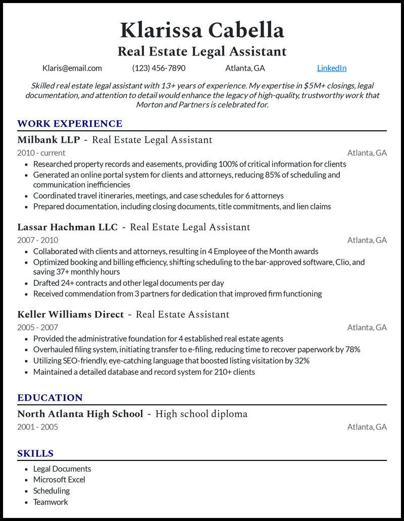 Real estate legal assistant resume example with 15 years of experience