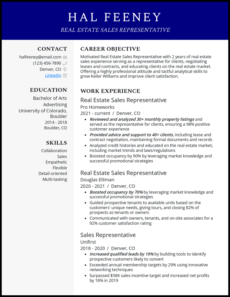 Real estate sales representative resume example with 8+ years experience