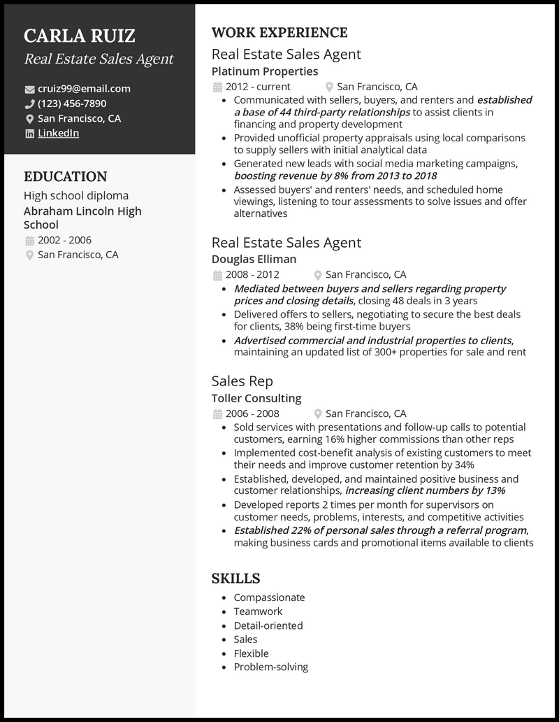 Real estate salesperson resume example with 4+ years experience