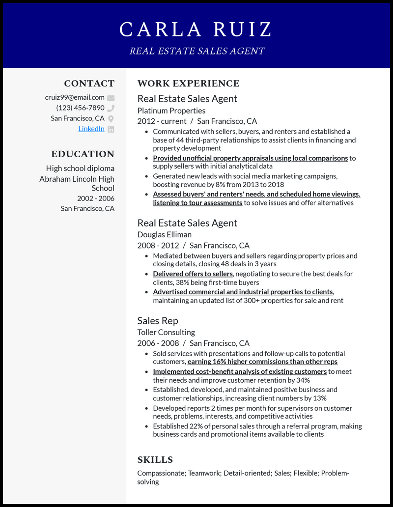 Clean real estate salesperson resume example