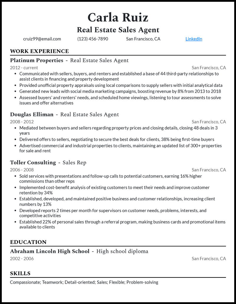 Modern real estate salesperson resume example