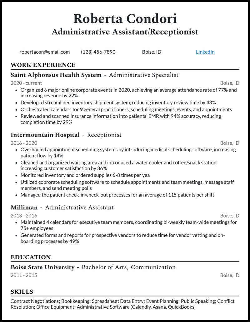3 Receptionist Administrative Assistant Resume Examples