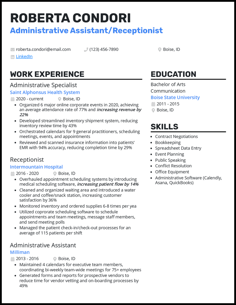 sample resume for receptionist with no experience