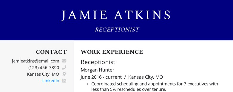 Receptionist resume blue contact header example