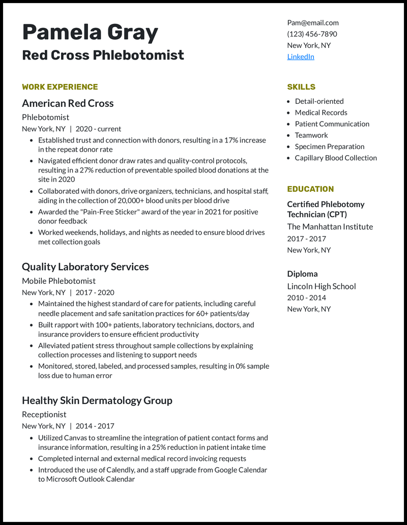 19 Phlebotomist Resume Examples - Red Cross Phlebotomist Olive Resume Example 