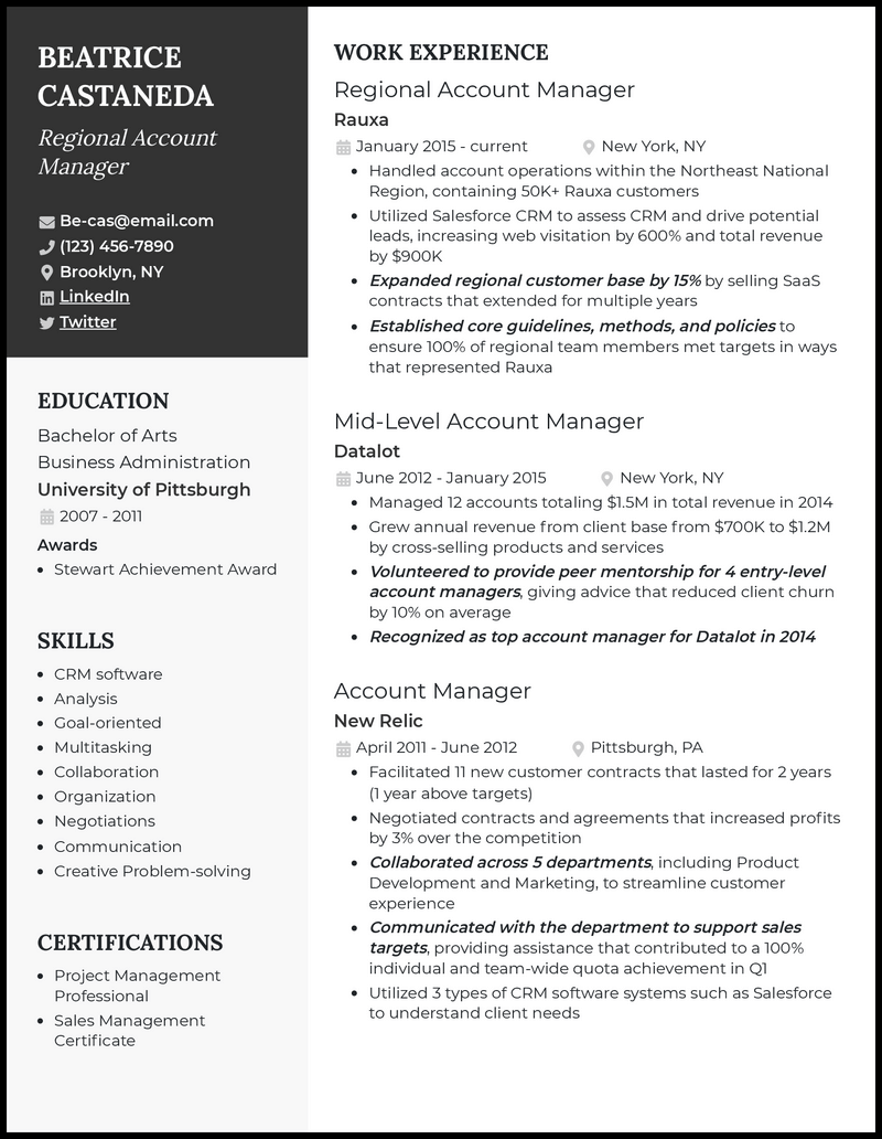 Clean regional account manager resume example