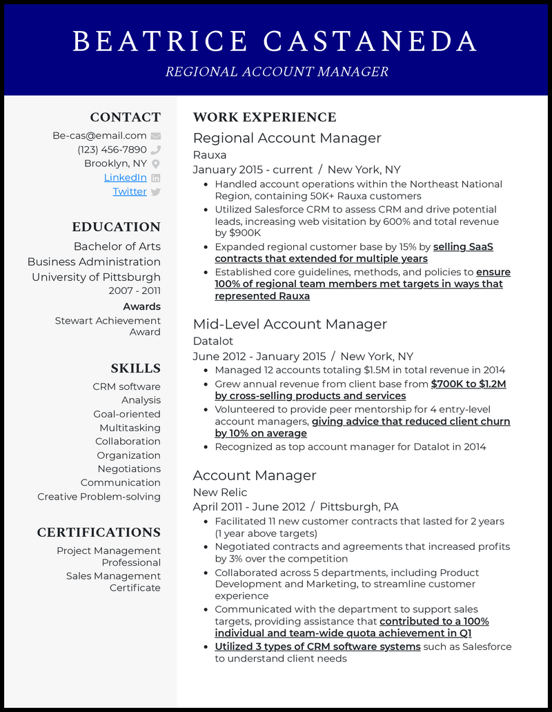 Modern regional account manager resume example