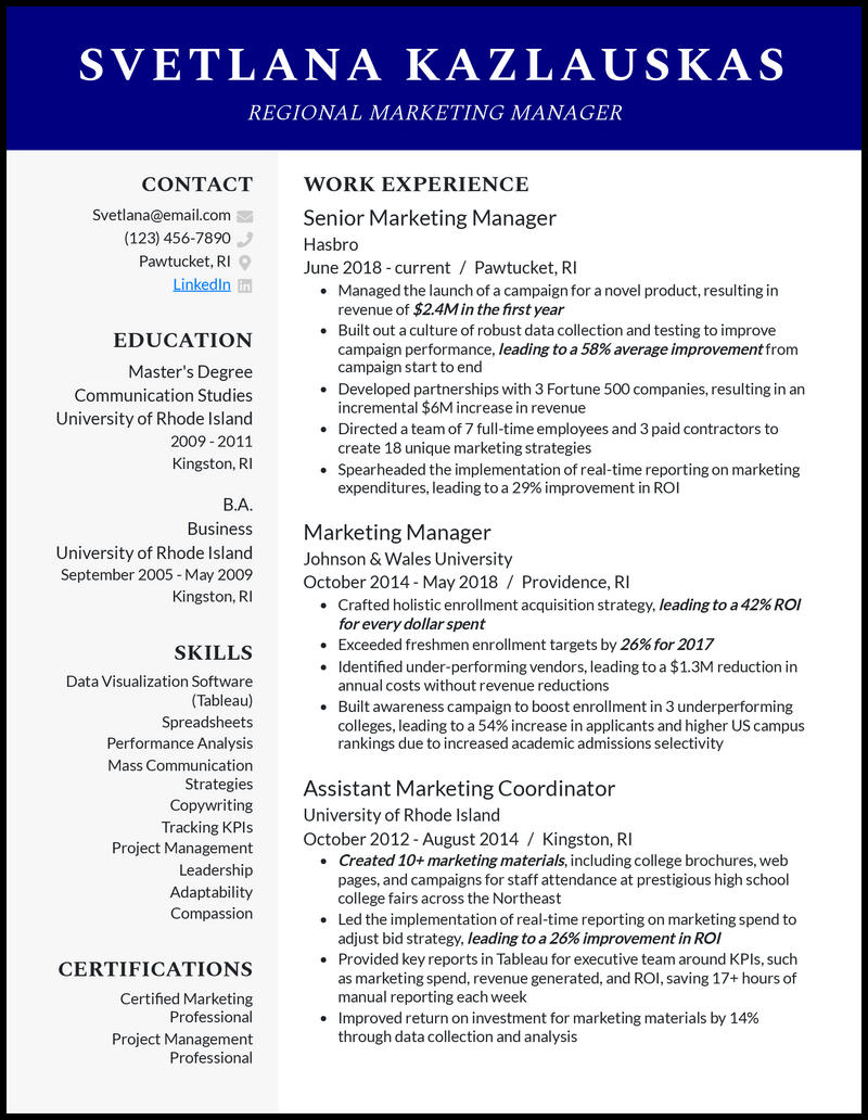 Regional marketing manager resume example with 8+ years experience