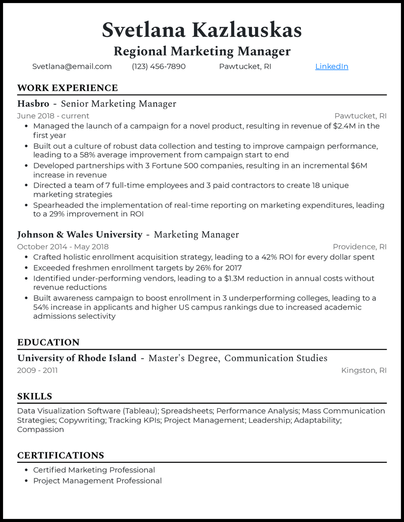 Elegant regional marketing manager resume example with 8+ years experience