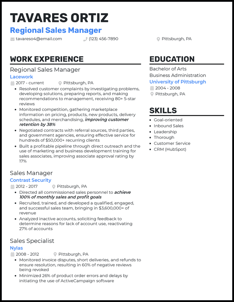 Regional sales manager resume example with 10+ years of experience