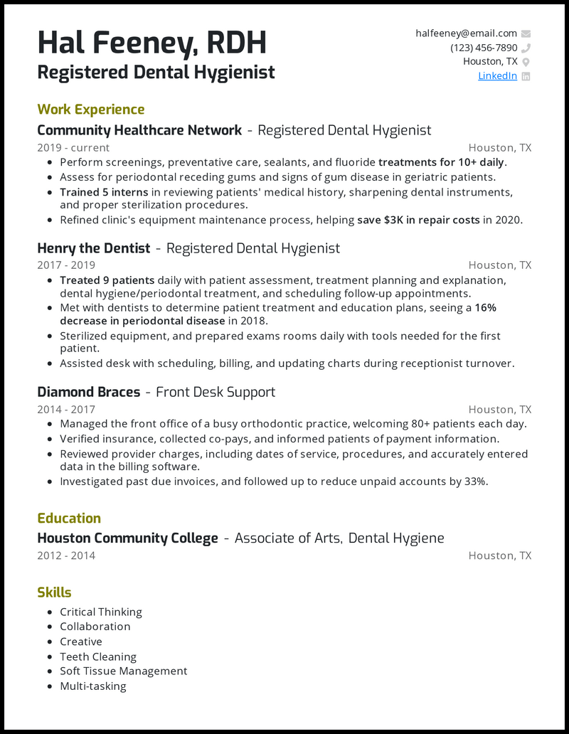 dental hygiene job description in resume