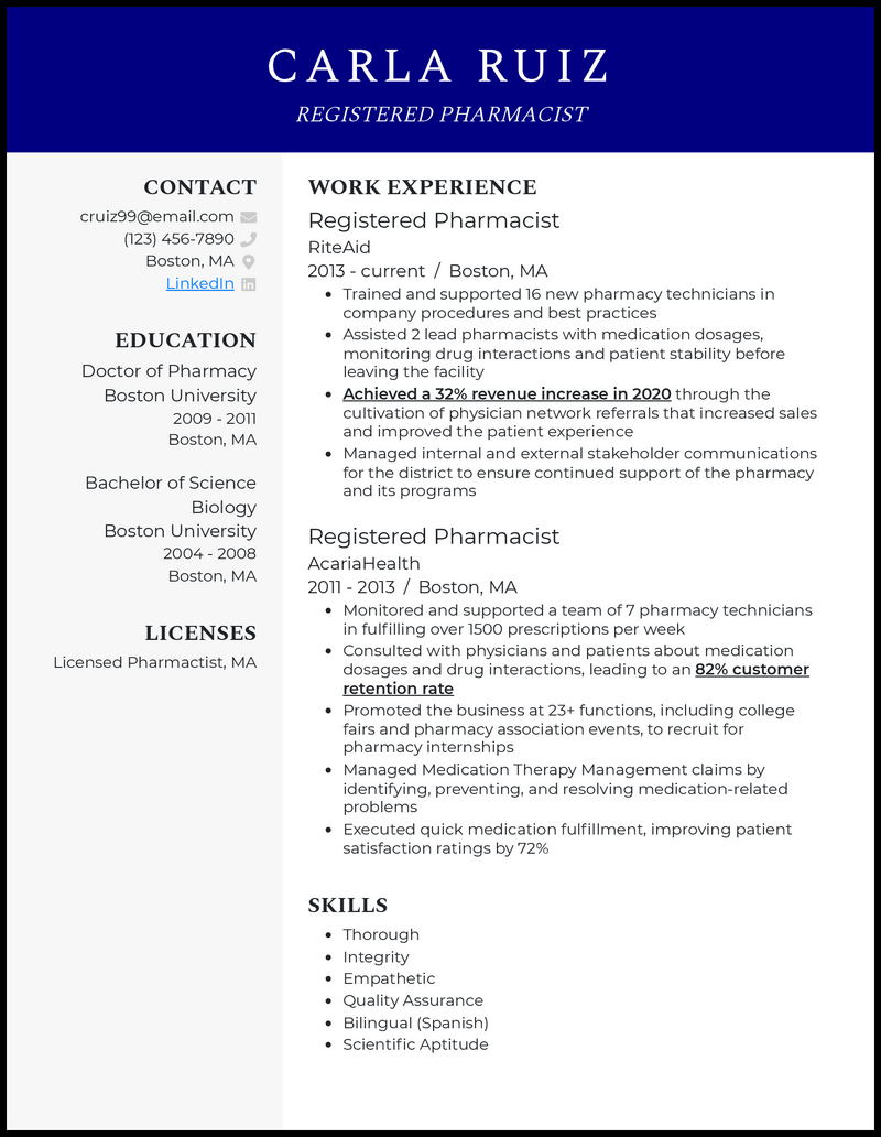 Modern registered pharmacist resume example with 6+ years experience