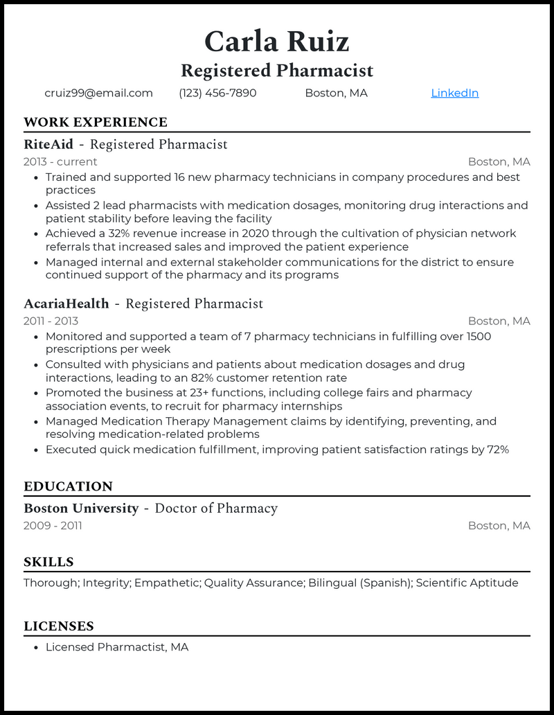 Professional registered pharmacist resume example with 6+ years experience