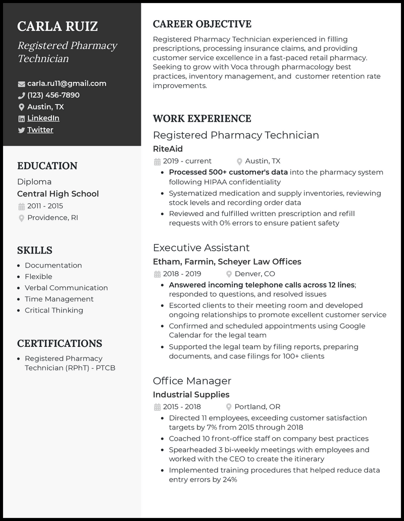 Registered pharmacy technician resume example with 5+ years experience