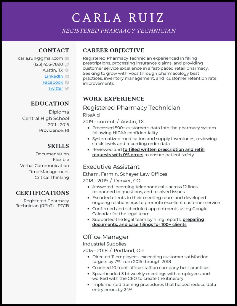 Formal registered pharmacy technician resume example with 5+ years experience