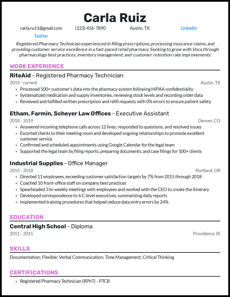 Registered pharmacy technician resume example with 4 years of experience