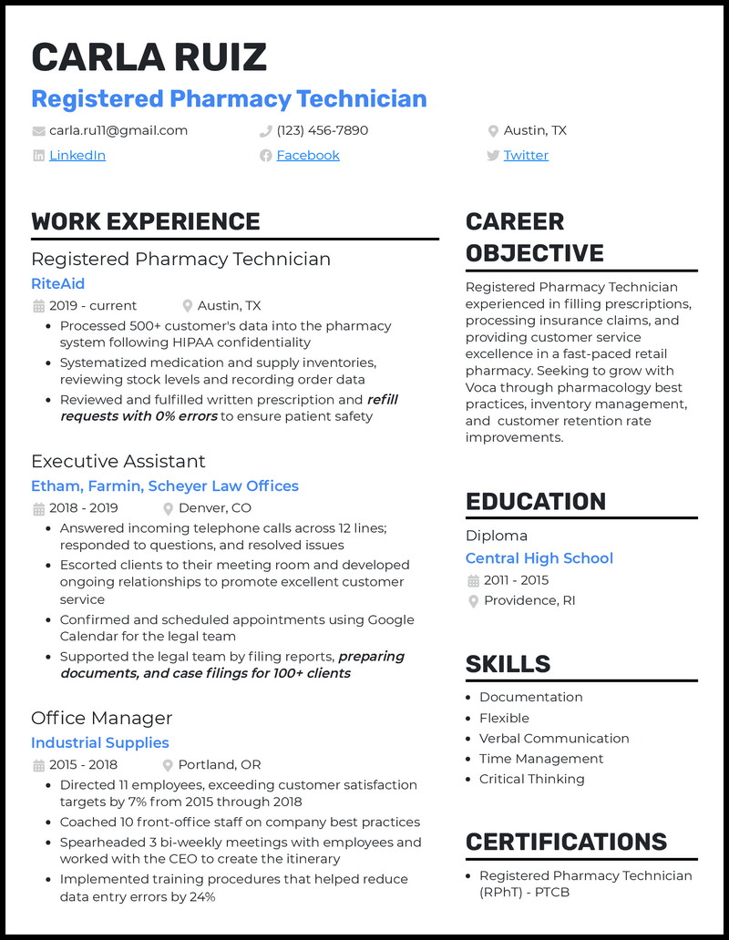 Professional registered pharmacy technician resume example with 5+ years experience