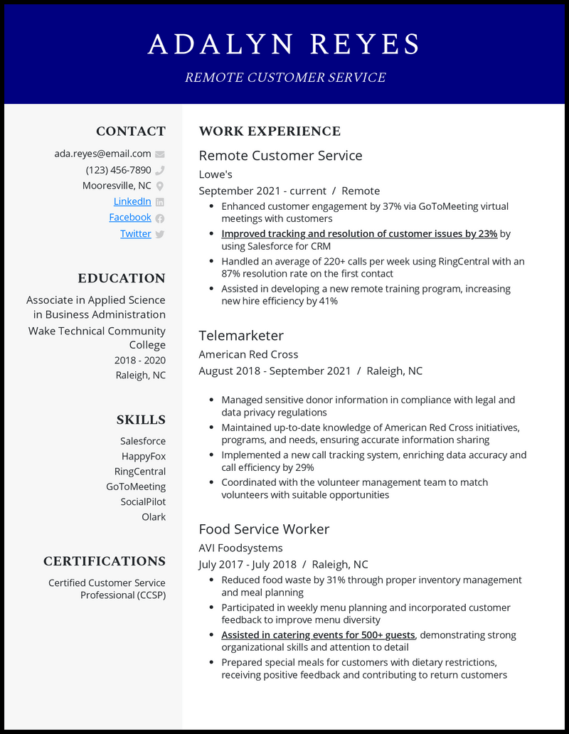 Formal remote customer service resume example with 6+ years experience