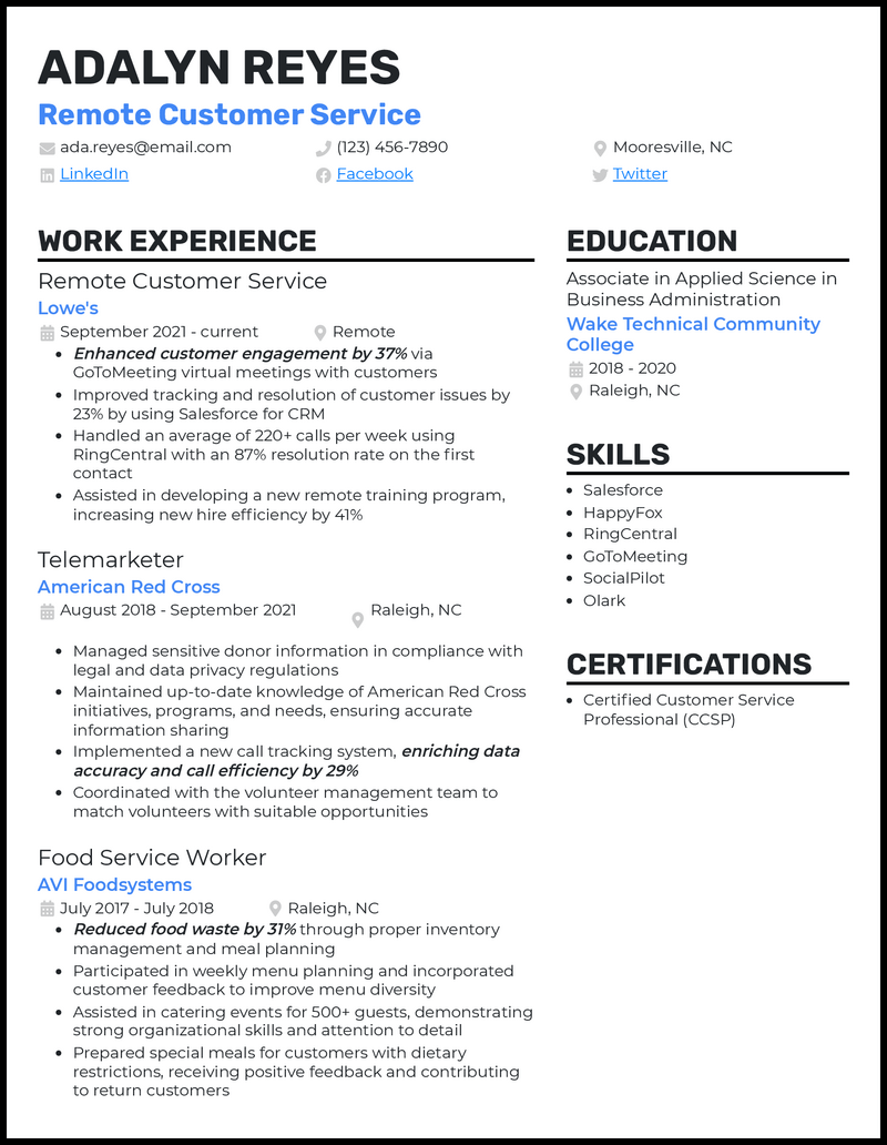 customer service representative remote resume