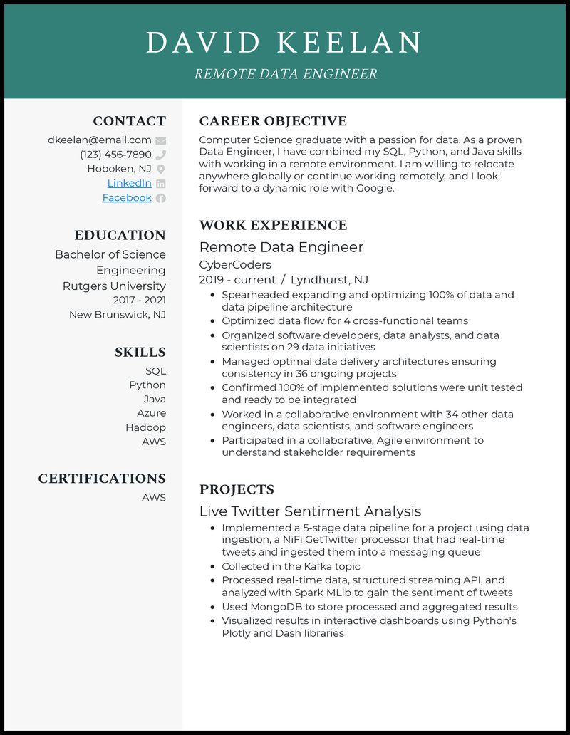 Remote data engineer resume example with 4 years of experience