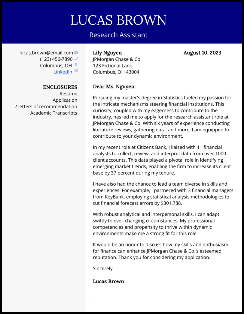 Research Assistant cover letter template