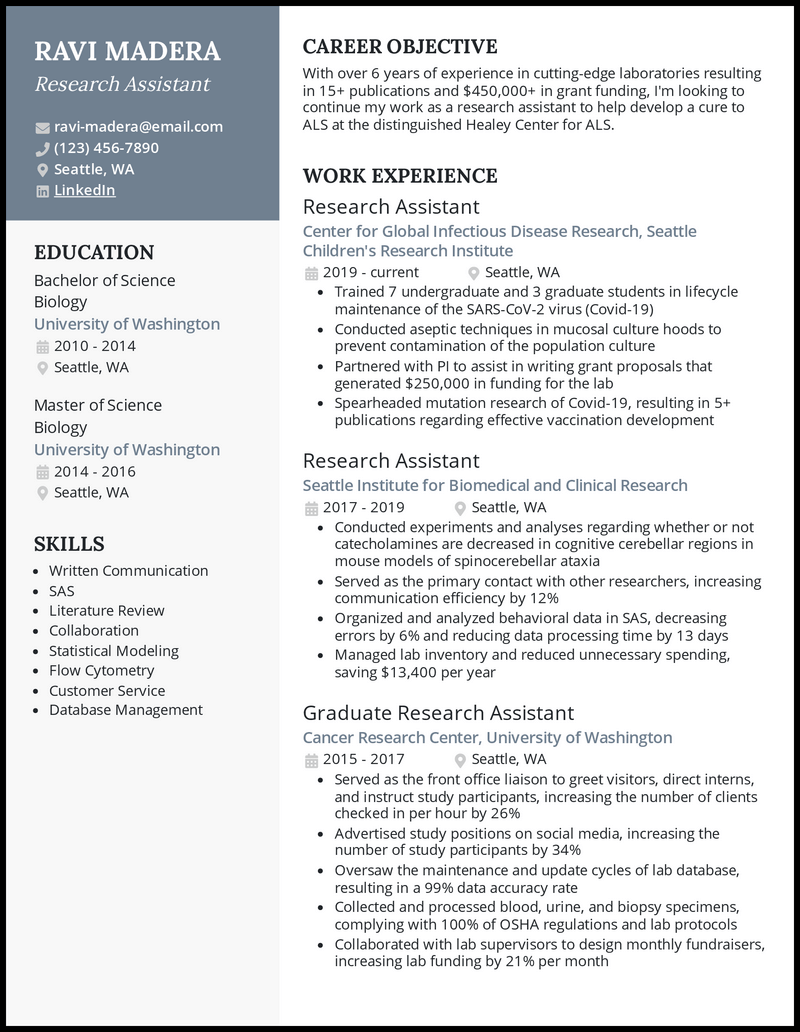 Research assistant resume example with 6 years of experience