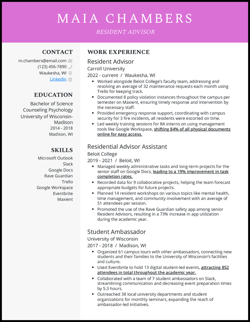 7 Resident Assistant (RA) Resume Examples Made for 2025