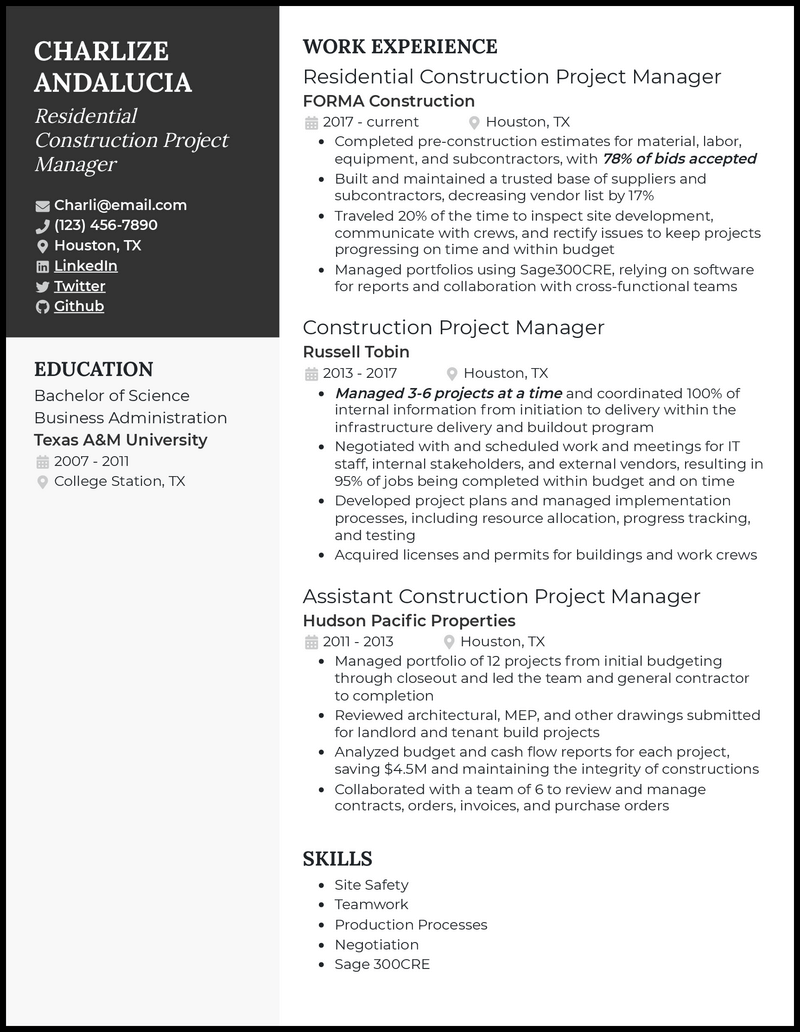 residential construction project manager resume