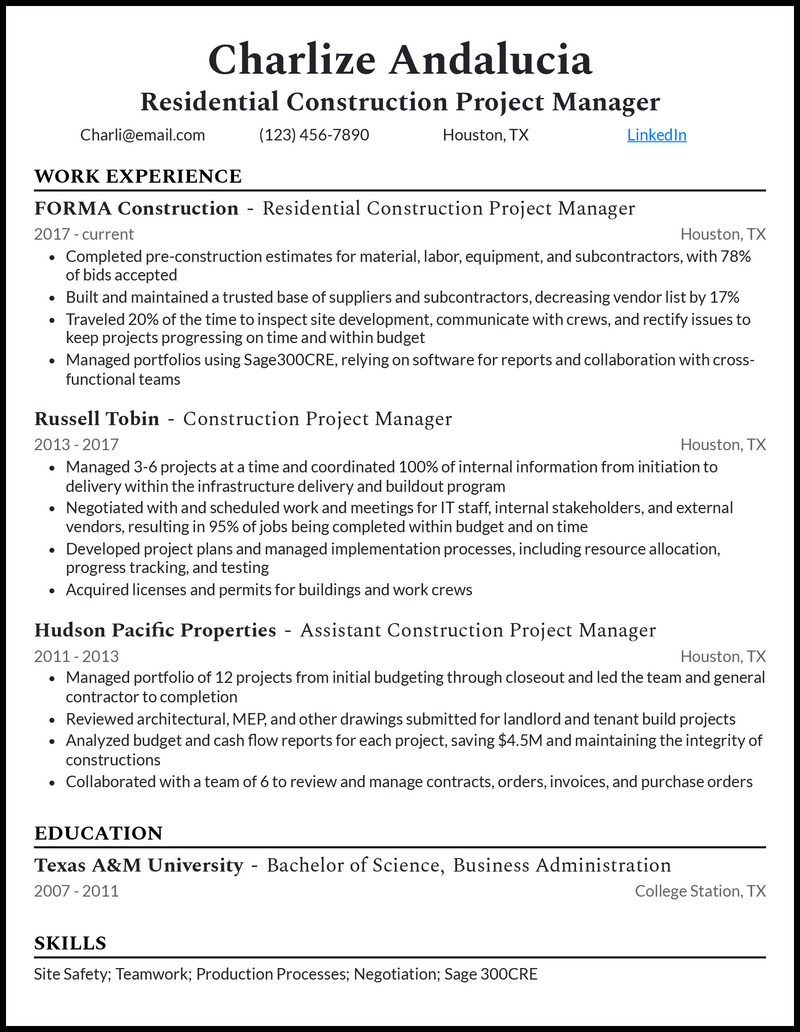 residential construction project manager resume