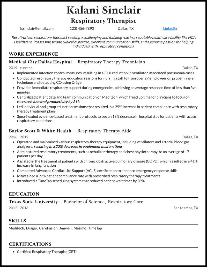 Respiratory therapist resume example with 7 years of experience