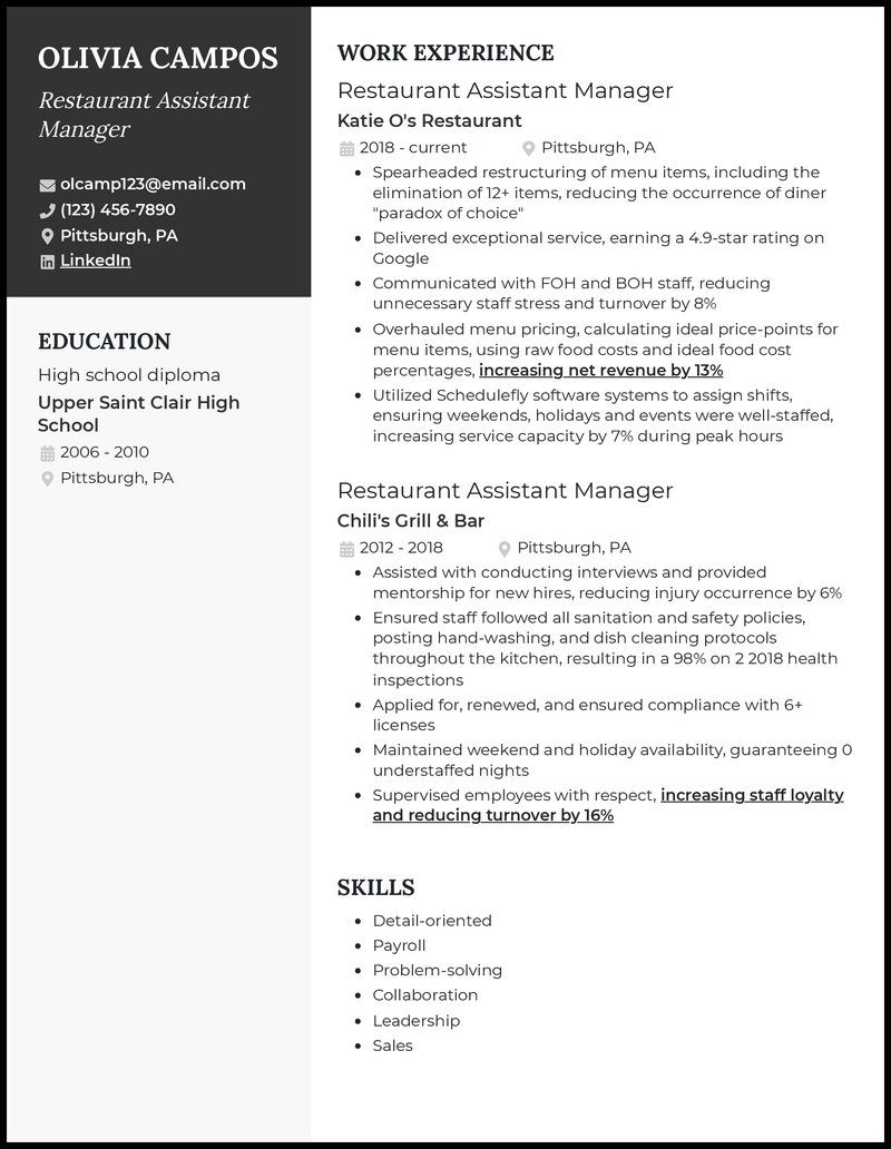 Modern restaurant assistant manager resume example