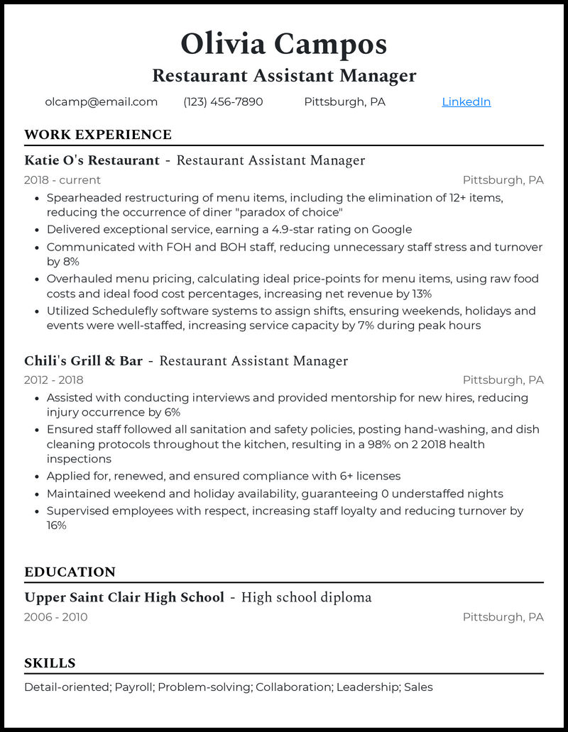 Professional restaurant assistant manager resume example