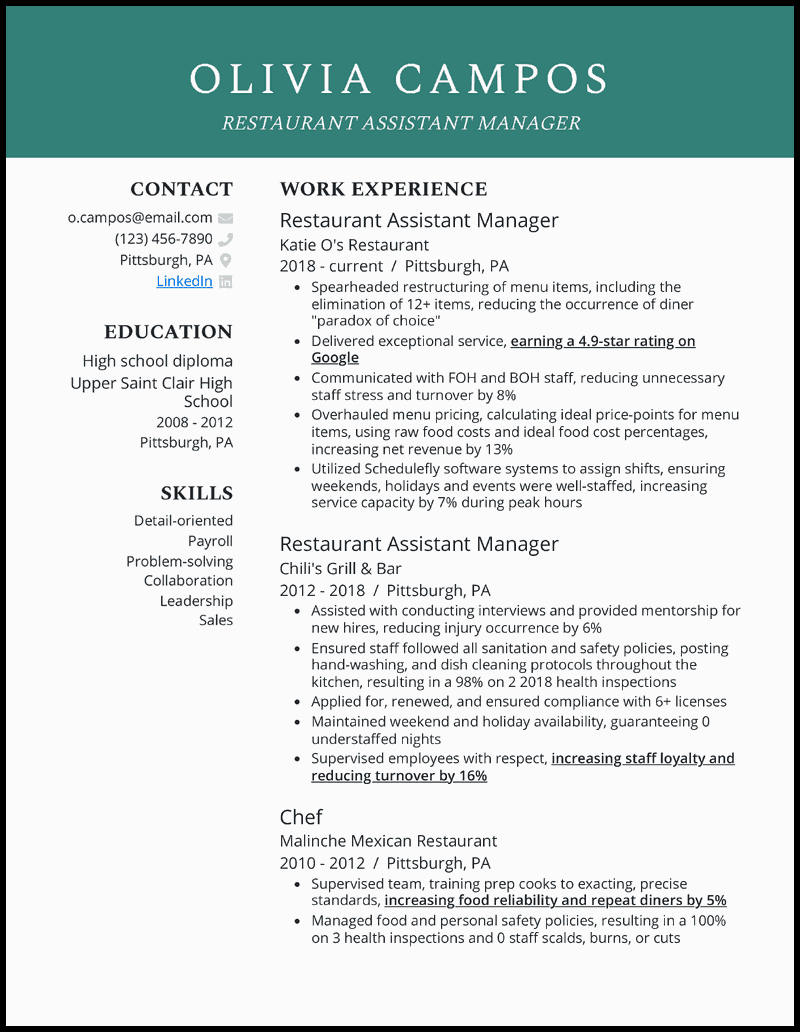 Restaurant assistant manager resume example with 10 years of experience